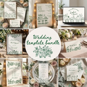 May include: A collection of wedding stationery templates with a botanical design in green. Includes invitations, signage, place cards, and a laptop screen displaying a wedding invitation. The text "Wedding template bundle" is visible.