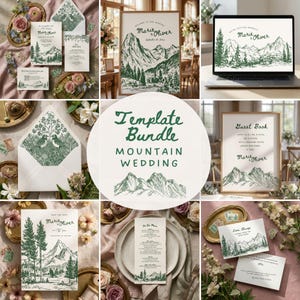 May include: A mountain wedding stationery template bundle featuring green ink illustrations of mountain ranges, pine trees, and birds. The set includes invitations, menus, guest book pages, and save the date cards with the text Marie & Oliver.