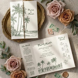 May include: A folded wedding invitation suite in cream cardstock with green ink illustrations of palm trees and people. The text includes Marie & Oliver, The Details, and Order of Events. The set is displayed with two roses and vintage postage stamps.