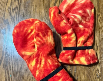 Fleece mittens, double thickness, teen/med. adult size, orange/yellow tie dye