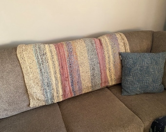Hand Knit Afghan, chunky, grey, cream, light mauve, Cozy Home Decor, measurements 40 x 46 inches.