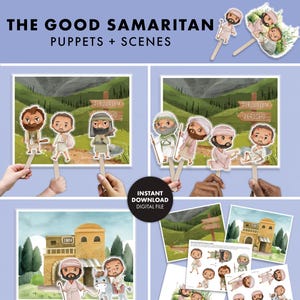 May include: A set of printable puppets and scenes for a puppet show based on the biblical parable of the Good Samaritan. The puppets include a man, a Samaritan, and a donkey. The scenes include a road, a city, and an inn.