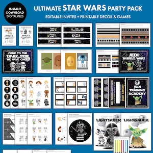 May include: A blue digital Star Wars party pack with editable invites, printable decor, and games. Features characters like Darth Vader, Yoda, and BB-8. Text includes "Ultimate Star Wars Party Pack" and "Over 150+ pdfs included!"