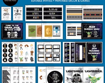Ultimative Star Wars Party Bundle 150+ printables Lebensmittel Etiketten Dekor Spiele Jedi Training editierbare Einladung Cupcake Topper Banner Lichtschwert