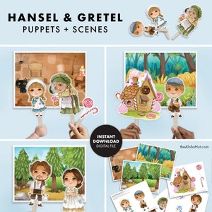 Puede incluir: Un conjunto de títeres y escenas imprimibles de Hansel y Gretel. El conjunto incluye una casa de jengibre, una escena de bosque, una bruja, un gato negro y los personajes de Hansel y Gretel.