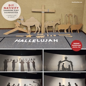 Puede incluir: Siluetas de juego de sombras de la Natividad DIY, que incluyen recortes de cartón de un camello, un burro, una oveja y una cruz. La palabra "HALLELUJAH" está escrita con letras blancas. La imagen también muestra un juego de sombras terminado con siluetas.