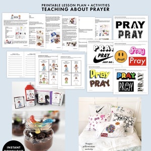 May include: Printable lesson plan and activities for teaching about prayer. The resource includes a variety of activities, such as coloring pages, word searches, and crafts. The resource also includes a recipe for a prayer activity.