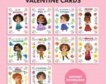 May include: A collection of printable Encanto Valentine's Day cards. Each card features a character illustration and a Valentine's Day message. The cards are decorated with floral and decorative elements. The words "Instant Download File" are also visible.
