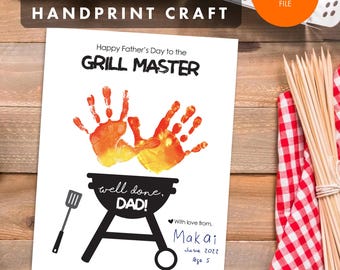 Grill Master Vaderdag Handafdruk Craft Card - kindercadeau voor vader grill barbecue kok chef afdrukbare kunst voorschoolse peuteractiviteit