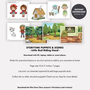 K&ouml;nnte beinhalten: Druckbare Papierpuppen und Szenen f&uuml;r eine Geschichte von Rotk&auml;ppchen. Das Set enth&auml;lt ein rotes M&auml;dchen mit Kapuze, einen Wolf, einen Holzf&auml;ller, eine Gro&szlig;mutter, ein Haus, eine Waldszene und das Innere des Hauses der Gro&szlig;mutter. Das Set ist 8,5 x 11 Zoll gro&szlig; und umfasst 7 Seiten.