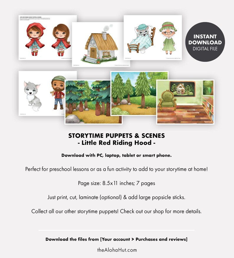 K&ouml;nnte beinhalten: Druckbare Papierpuppen und Szenen f&uuml;r eine Geschichte von Rotk&auml;ppchen. Das Set enth&auml;lt ein rotes M&auml;dchen mit Kapuze, einen Wolf, einen Holzf&auml;ller, eine Gro&szlig;mutter, ein Haus, eine Waldszene und das Innere des Hauses der Gro&szlig;mutter. Das Set ist 8,5 x 11 Zoll gro&szlig; und umfasst 7 Seiten.