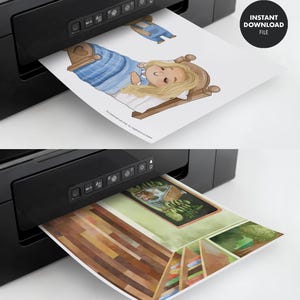 May include: Printable digital download of two illustrations. The first illustration shows a girl sleeping in a bed with a blue blanket. The second illustration shows a wooden house with a window and a bookshelf. The text "INSTANT DOWNLOAD FILE" is in the top right corner of the image.