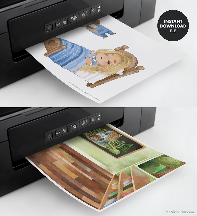 May include: Printable digital download of two illustrations. The first illustration shows a girl sleeping in a bed with a blue blanket. The second illustration shows a wooden house with a window and a bookshelf. The text "INSTANT DOWNLOAD FILE" is in the top right corner of the image.