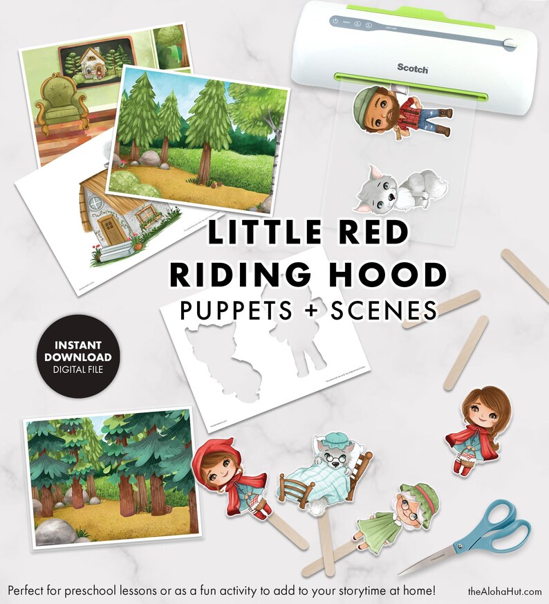 K&ouml;nnte beinhalten: Druckbare Little Red Riding Hood Puppen- und Szenen-Set. Das Set enth&auml;lt ein rotes M&auml;dchen mit Kapuze, einen Wolf, eine Gro&szlig;mutter, eine Waldszene, ein Haus und ein Bett. Das Set ist perfekt f&uuml;r Vorschulkinder, um Geschichten zu erz&auml;hlen und Rollenspiele zu spielen.