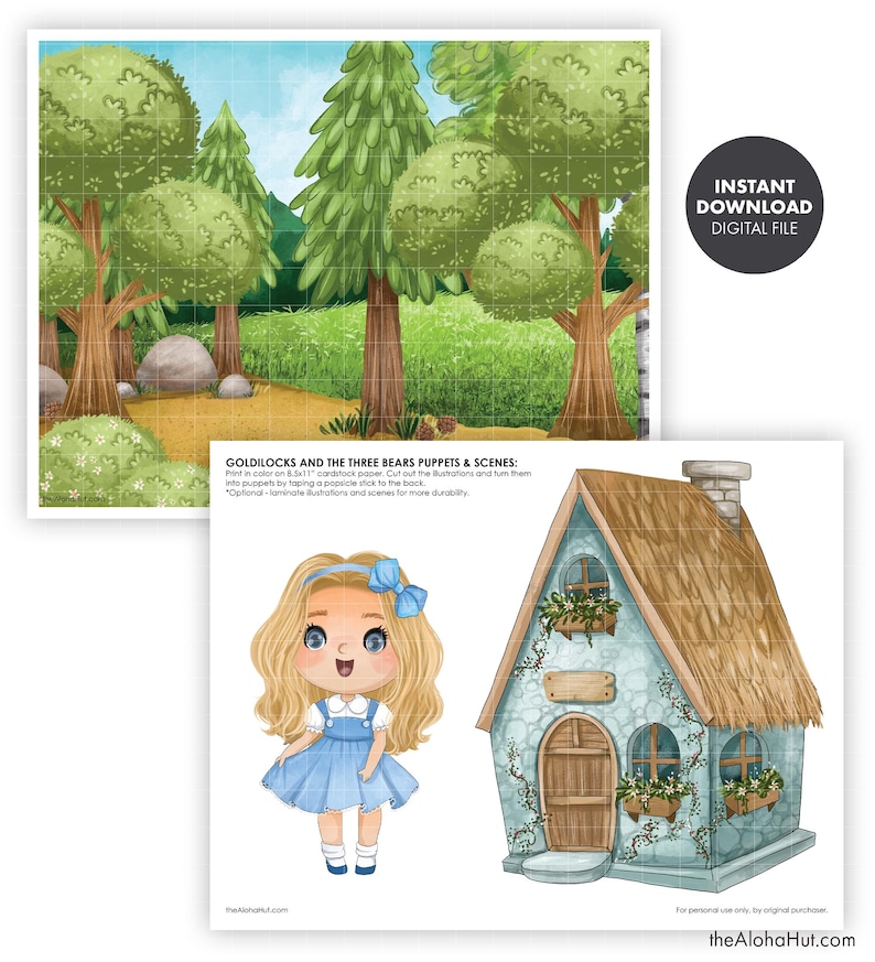 May include: Printable paper puppets and scenes for a Goldilocks and the Three Bears play. The set includes a colorful illustration of Goldilocks, a blue and white cottage, and a forest scene.
