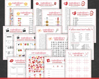 May include: A printable Valentine's Day game bundle with 10 different games, including word searches, word scrambles, and a tic-tac-toe game. The games are designed for kids, teens, and adults.