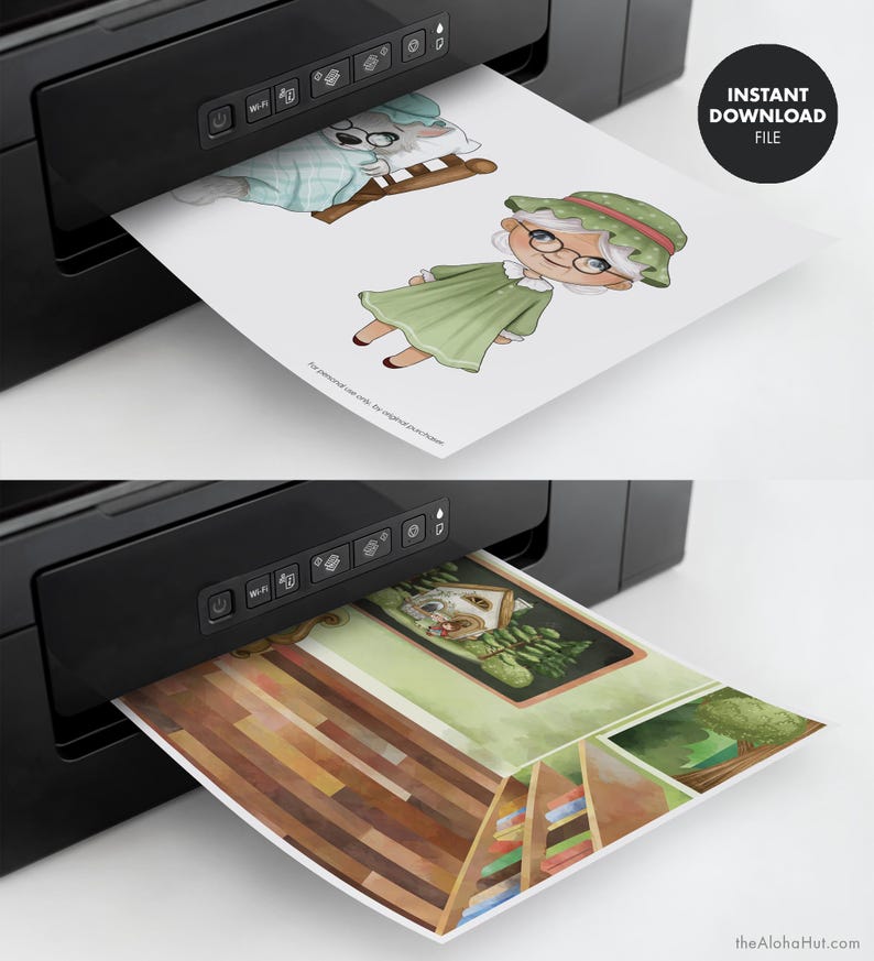 K&ouml;nnte beinhalten: Druckbarer digitaler Download einer niedlichen Comic-Oma und einer Wolfsfigur. Das Bild wird auf einem Schwarzwei&szlig;drucker gedruckt. Der Text "INSTANT DOWNLOAD FILE" befindet sich in der oberen rechten Ecke des Bildes.