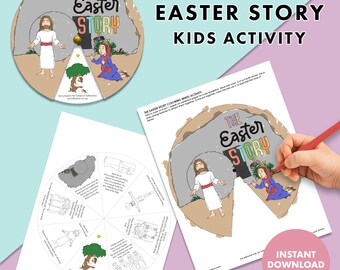 Può includere: Attività di ruota colorata della storia di Pasqua stampabile per bambini. La ruota presenta illustrazioni della storia di Pasqua, tra cui Gesù sulla croce, la tomba vuota e l'angelo.