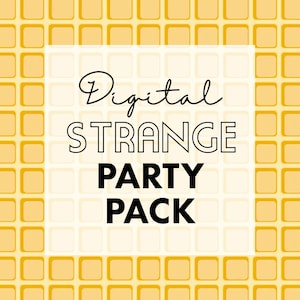 Puede incluir: Gráfico digital para un pack de fiesta, con el texto "Digital Strange Party Pack". El fondo es un patrón repetitivo de cuadrados amarillos, con un rectángulo blanco detrás del texto. La fuente es juguetona.