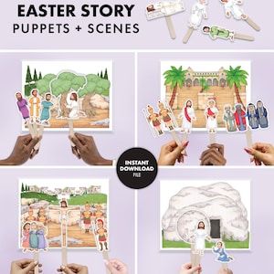 Könnte beinhalten: Druckbarer Ostergeschichten-Puppen-Set mit Szenen aus der Bibel. Das Set enthält Puppen von Jesus, Engeln, Soldaten und anderen Figuren. Die Szenen umfassen den Garten Gethsemane, das letzte Abendmahl, die Kreuzigung und das leere Grab.