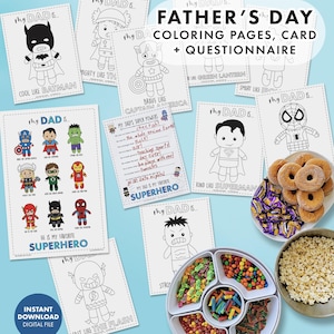 Fête des pères super-héros, pages à colorier + activité de questionnaire pour enfants, cadeau d'artisanat pour papa, oeuvre d'art imprimable pour tout-petit d'âge préscolaire