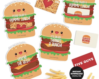 May include: A collection of digital burger-themed gift cards and a gift card with fries shaped into a heart. The cards feature cartoon burgers with text like "Yummy Lunch" and "Thanks a Bunch!" along with fries.