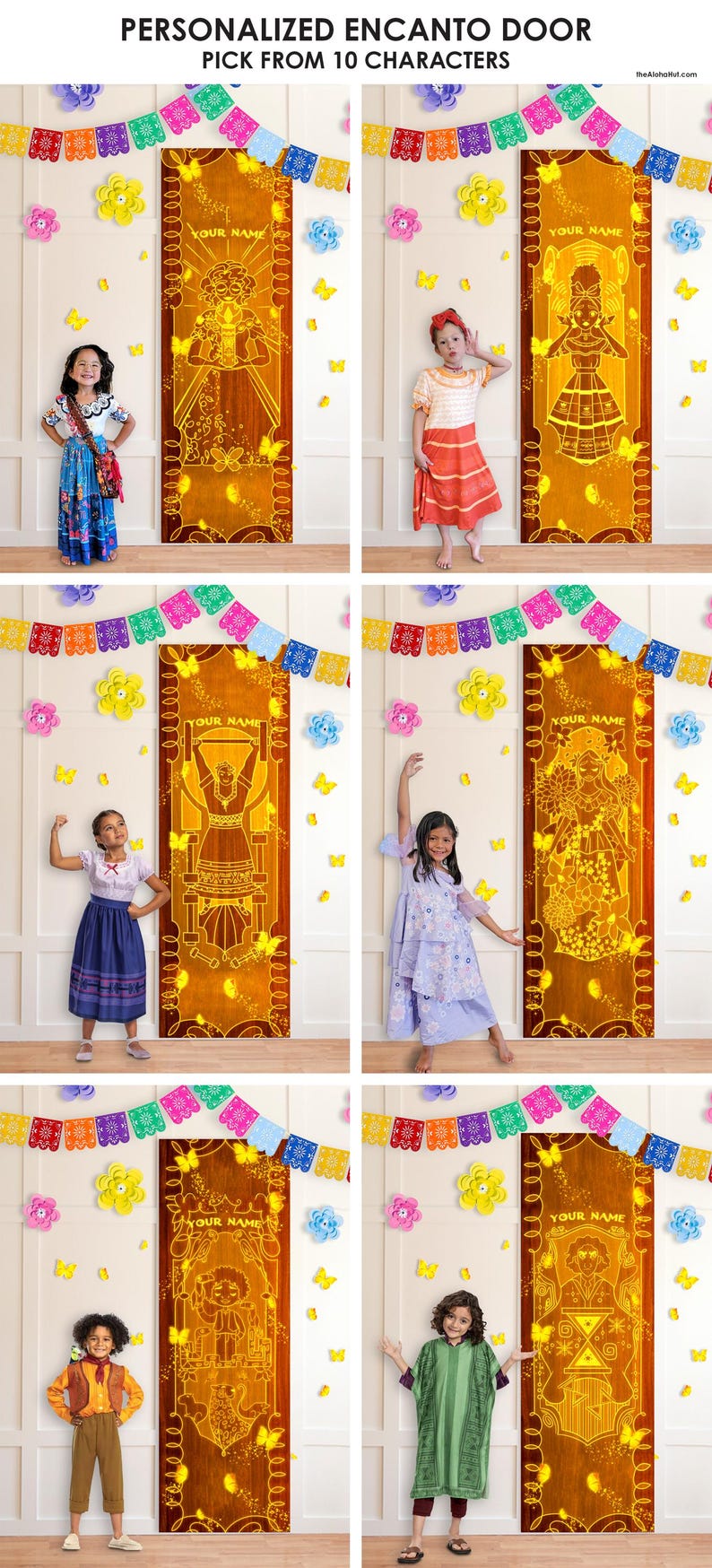 Puede incluir: Puerta Encanto personalizada con dise&ntilde;o de personaje, elige entre 10 personajes. La puerta es marr&oacute;n con un dise&ntilde;o dorado y el texto "YOUR NAME". La imagen muestra ni&ntilde;os vestidos como personajes de Encanto.