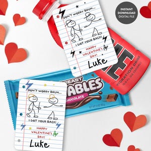 Divertido, te cubro las espaldas, hermano, San Valentín: jerga, tarjeta de regalo para el día de San Valentín, idea para fiesta, aula, escuela, niños, preadolescente, niño, figura de palo