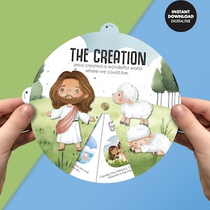 May include: A colourful printable wheel with illustrations of Jesus, sheep, and the sea. The wheel is divided into sections with text that reads "The Creation" and "Jesus created a wonderful world where we could live."  The text also reads "the sea and the sky" and "Created the ANIMALS. C WOMAN in the ima".  The text "Use as a church lesson, homeschool lesson or FHE!" appears at the bottom of the wheel.