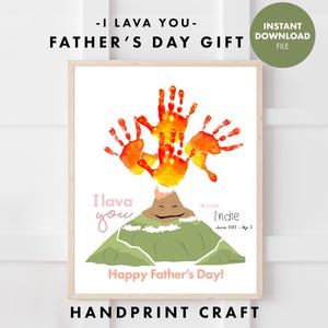 Carte de fête des pères volcan de lave hawaïenne empreinte de main carte d'artisanat enfants cadeau pour papa activité d'enfant en bas âge préscolaire art imprimable polynésien hawaïen