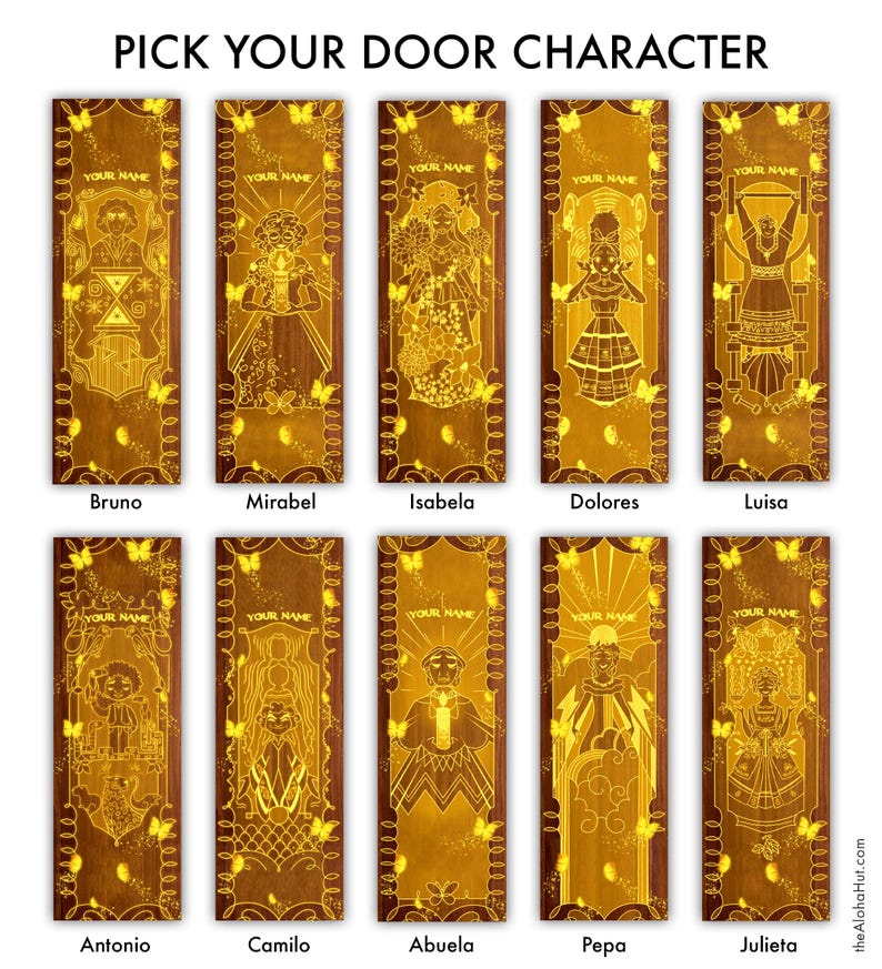 Puede incluir: Diez paneles decorativos para puertas con dise&ntilde;os de personajes de una pel&iacute;cula, cada uno con un nombre y el texto "YOUR NAME". Los paneles son marrones con detalles dorados, mariposas e ilustraciones detalladas. El texto "PICK YOUR DOOR CHARACTER" est&aacute; en la parte superior.