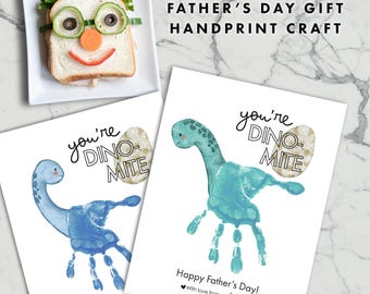 Dinosaur Father's Day Handprint Craft Card - kids gift for dad dino printable art preschool toddler activity