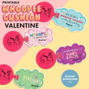 May include: Printable Valentine's Day cards featuring whoopie cushions with funny messages. The cards are shaped like clouds and have a pink, purple, green, and blue color scheme. The text on the cards includes "Whoopie Cushion", "It's Valentine's Day!", "Love Stinks", "Hope you have a rootin' tootin' Valentine's Day", and "Wishing you Hearts & Farts Fun".