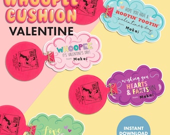 May include: Printable Valentine's Day cards featuring whoopie cushions with funny messages. The cards are shaped like clouds and have a pink, purple, green, and blue color scheme. The text on the cards includes "Whoopie Cushion", "It's Valentine's Day!", "Love Stinks", "Hope you have a rootin' tootin' Valentine's Day", and "Wishing you Hearts & Farts Fun".
