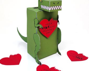 T Rex Dinosaur Valentine Box - Valentine's Day Gift Craft DIY School Classroom Party Kids idea card boys girls Tyrannosaurus Rex