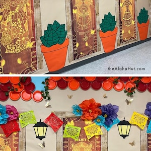 Puede incluir: Una decoraci&oacute;n mural festiva con flores de papel de colores, faroles y banderines de papel picado. El dise&ntilde;o incluye paneles decorativos con ilustraciones de mujeres y plantas en macetas. La combinaci&oacute;n de colores incluye naranja, rojo, azul y verde.