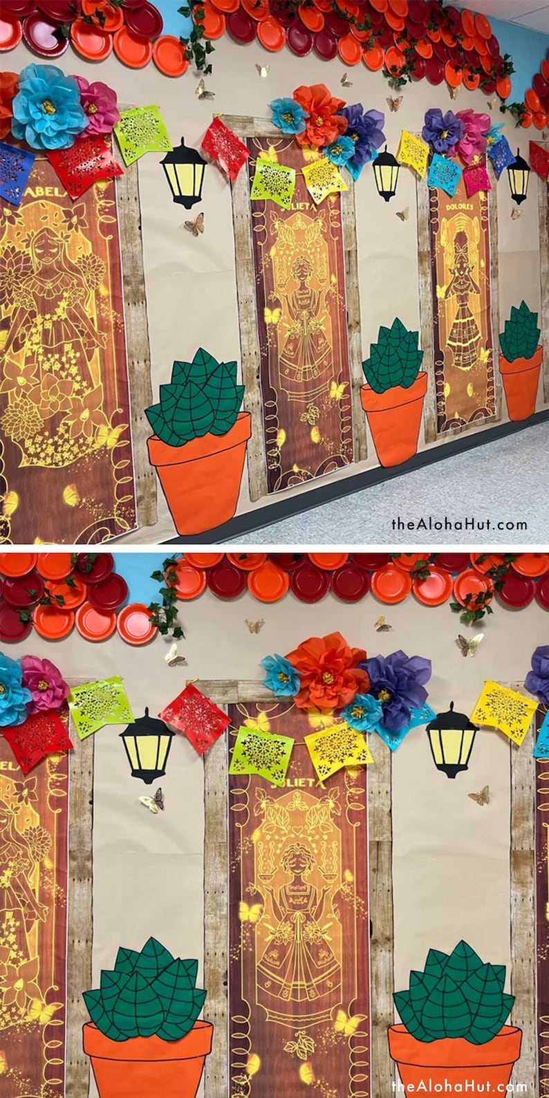Puede incluir: Una decoraci&oacute;n mural festiva con flores de papel de colores, faroles y banderines de papel picado. El dise&ntilde;o incluye paneles decorativos con ilustraciones de mujeres y plantas en macetas. La combinaci&oacute;n de colores incluye naranja, rojo, azul y verde.