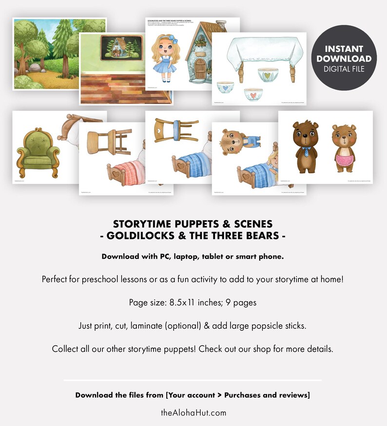 Goldilocks Three Bears Puppets & Scenes toddler educational worksheet activities early education homeschool preschool story time fairy tale image 5