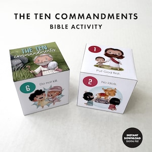 May include: A white Bible activity set featuring illustrated cubes with the text "THE TEN COMMANDMENTS BIBLE ACTIVITY." One cube shows Moses, another shows Jesus with a child, and others depict commandments like "Do not kill." The set is a digital download.