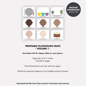 May include: Printable playdough mats for kids.  Nine pages of playdough mats with various shapes and designs, including a plate, a cup, a tree, a house, a face, a cake, and more.  Downloadable digital file.