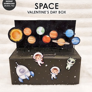 Caja del día de San Valentín con sistema solar de galaxia espacial: regalo de San Valentín, manualidad, bricolaje, escuela, aula, fiesta, niños, idea, tarjeta, Vday, niña, niño, extraterrestre, astronauta