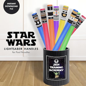 May include: A black container holds pool noodles designed as lightsaber handles. The handles are in various colours: blue, red, orange, purple, yellow, green, and blue. The container has a label that reads "Jedi Training Academy" with a Yoda graphic.