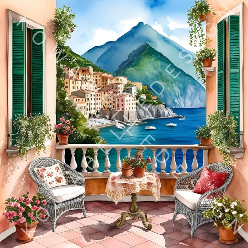 Romantic Italian Balcony, View to Amalfi Coast 10 Jpgs Watercolor ...