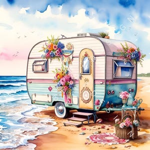 Belle caravane Images imprimables aquarelle 10 JPG haute résolution | Téléchargement instantané | shabby chic | Licence commerciale