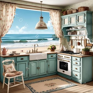 Preciosa cocina shabby chic con vistas al mar (10 acuarelas) / Ideal para proyectos / Arte mural, scrapbooking, creación de tarjetas / Licencia comercial