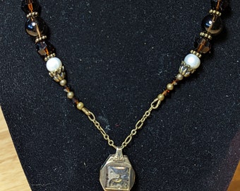 Watch Focus Necklace - Antique Brass, Pearl and Smoky Quartz