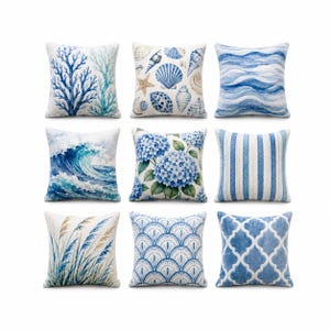 Coastal Blue Throw Pillow Cover, Double-Sided Square Sofa Decor, Beach House Cushion Cover, Summer Home Deco, 14/16/18/20/24 Inch