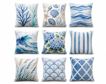 Sierkussenhoes kustblauw, dubbelzijdig vierkant bankdecor, kussenhoes strandhuis, zomerhuisdecoratie, 14/16/18/20/24 inch