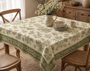 May include: A square tablecloth featuring a cream-colored base with a repeating green botanical leaf pattern and a wide decorative border. The tablecloth is draped over a square wooden table, accompanied by a ceramic vase, a bowl, and a mug.