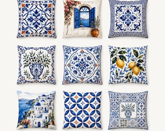 Blauer Mittelmeer-Kissenbezug, mit griechischen Fliesen Kissen, doppelseitiger Sofa-Dekor, Zitronen-Olive Santorini-Dekor, 14/16/18/20/24 Zoll